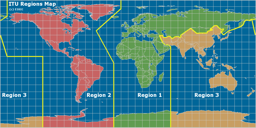 تقسیم بندی سه گانه ITU که طبق آن ایران در ناحیه سوم قرار دارد.
