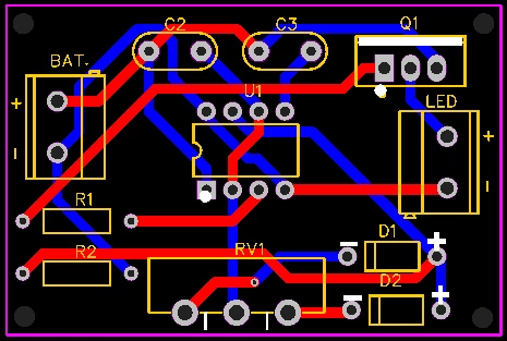 PCB مدار دیمر LED با استفاده از آی‌سی تایمر ۵۵۵ و ماسفت IRFZ44N