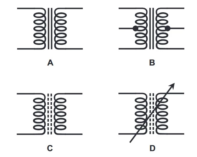 نماد A: یک ترانسفورماتور با هسته آهنی جامد یا چند لایه است. نماد B: یک ترانسفورماتور با هسته آهنی جامد یا چند لایه و سیم‌پیچ‌های چند سر است. نماد C: یک ترانسفورماتور با هسته آهنی پودری است. نماد D: ترانسفورماتور متغیر (قابل تنظیم) با هسته آهنی پودری است.