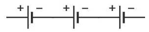 نماد سه سلول الکتروشیمیایی که به صورت سری به هم متصل شده اند و یک باتری تشکیل داده اند.