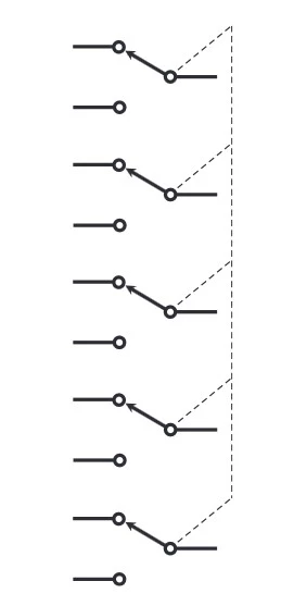 نماد شماتیک یک سوئیچ پنج قطبی دو پرتابی five-pole double-throw (5PDT)