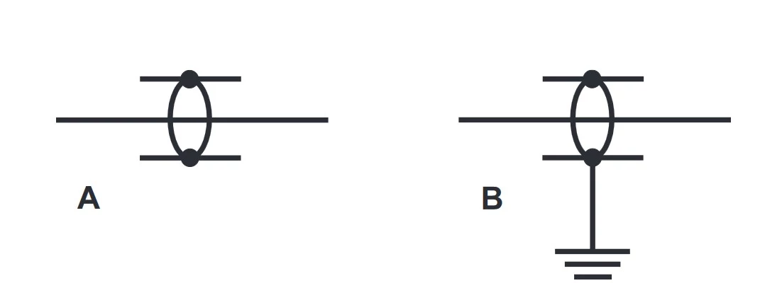تصویر A، نماد یک کابل کواکسیال با شیلد ungrounded و تصویر B، نماد کابل کواکسیال با شیلد earth-grounded را نشان می دهد.