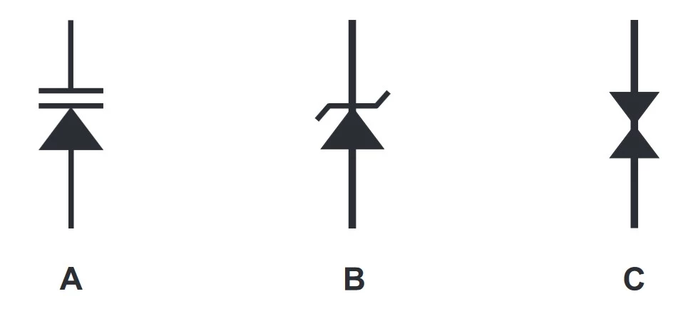 نماد A: دیود Varactor، نماد B: دیود زنر و نماد C: دیود گان (Gunn)