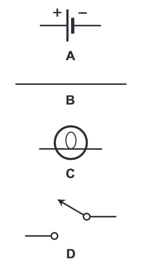 نماد اجزای یک چراغ قوه سوئیچ دار با دو باتری را نشان می دهد: قسمت A نماد باتری، قسمت B نماد سیم، قسمت C نماد لامپ و قسمت D نماد کلید است.