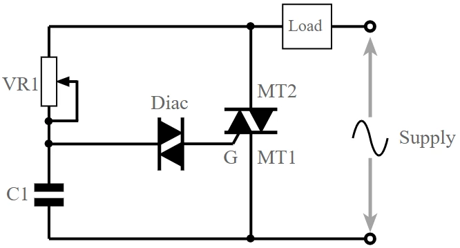 یک مدار ترایاک پایه با استفاده از فاز شکل موج ورودی برای کنترل توان تلف‌شده در بار