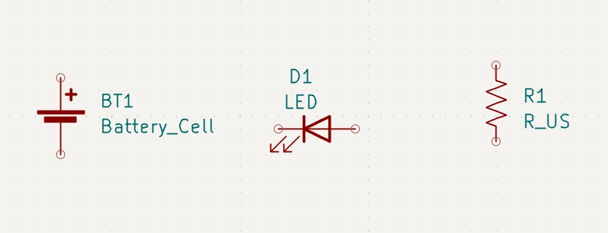 سمبل مقاومت، LED و باتری در شماتیک طراحی شده با Kicad