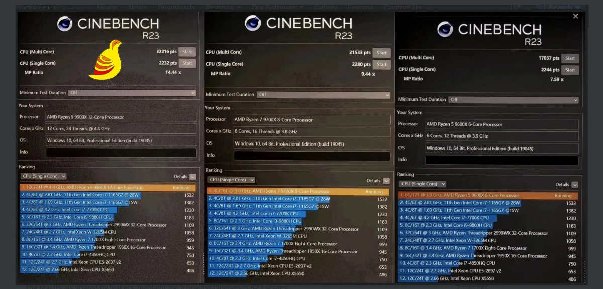 نتایج بنچمارک Cinebench برای سه مدل از پردازنده‌های AMD Ryzen: 9900X، 9700X و 9600X