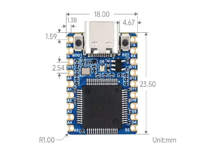 ابعاد برد توسعه RA4M1-Zero-Mini