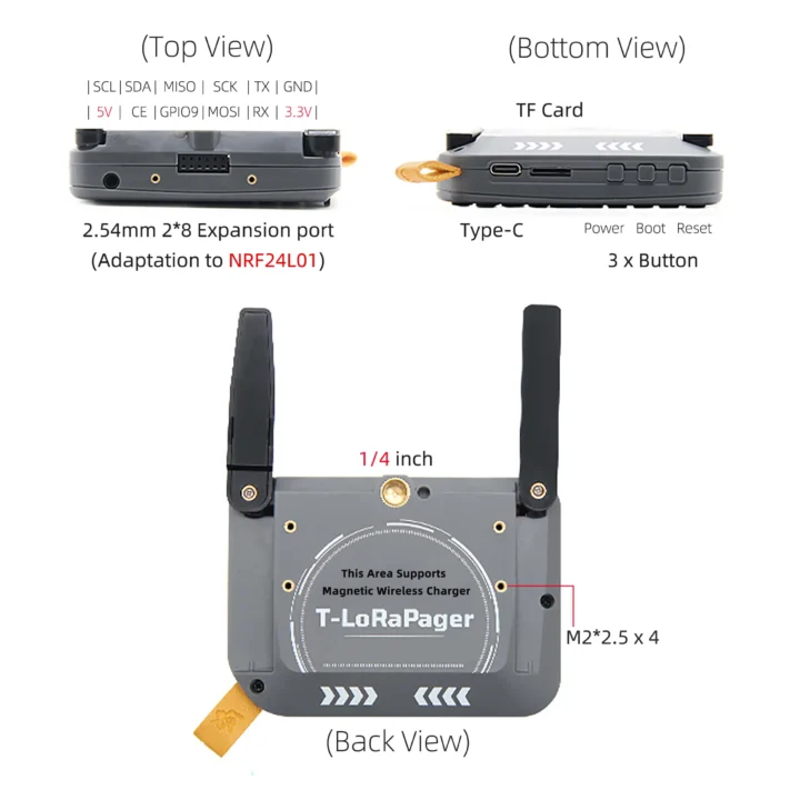نمای بالا، پایین و پشت LoRa Pager