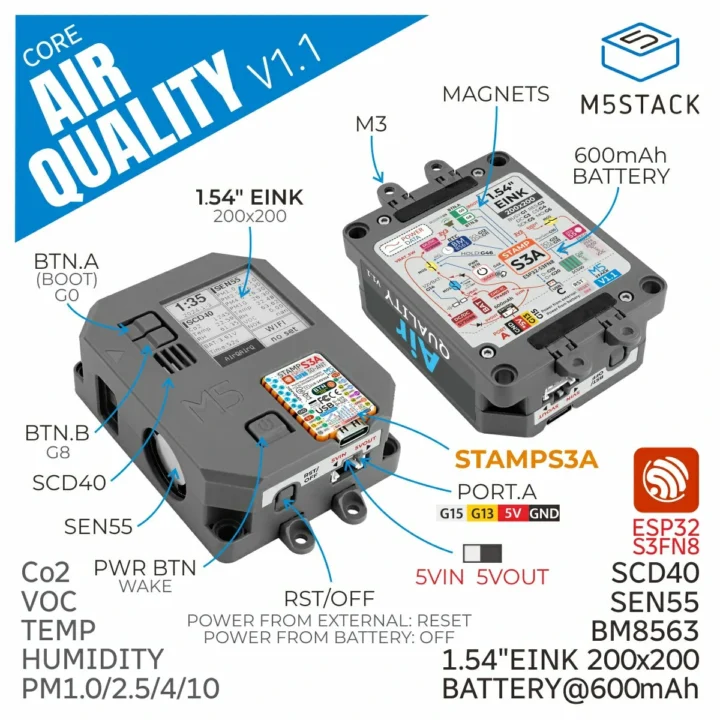 مانیتور کیفیت هوا M5Stack SEN55 SCD40 ESP32 S3