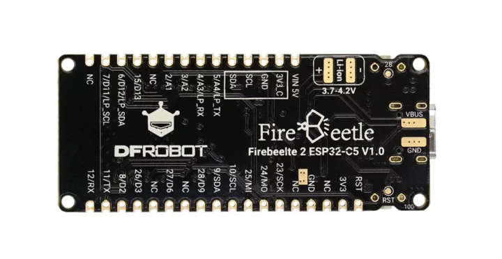 FireBeetle 2 ESP32‑C5، برد توسعهای IoT با رابط نمایش GDI و پشتیبانی از باتری LiPo 1 برد اینترنت اشیاء FireBeetle 2 مبتنی بر ESP32‑C5 با پشتیبانی از Wi‑Fi 6 دو بانده