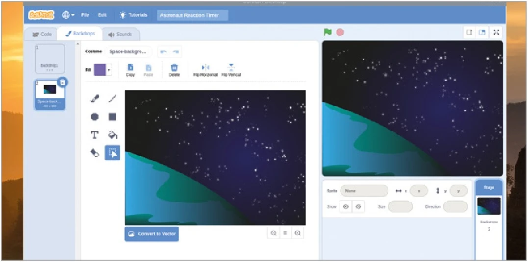 پروژه آموزش ساخت بازی تایمر فضانورد در Scratch 4 عکس فضا جایگزین پسزمینه قبلی میشود.
