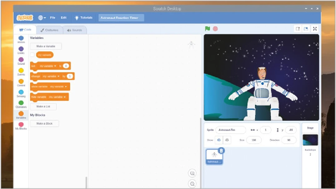 پروژه آموزش ساخت بازی تایمر فضانورد در Scratch 7 اسپرایت فضانورد را به سمت پایین وسط بکشید