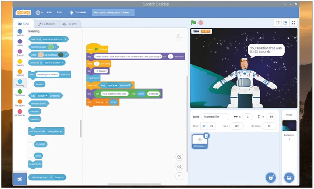 پروژه آموزش ساخت بازی تایمر فضانورد در Scratch 13 زمان بازی کردن است.