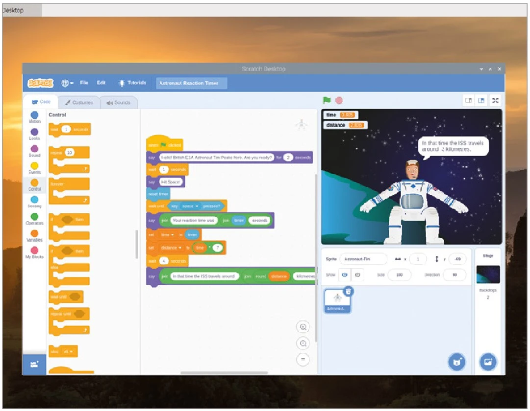 پروژه آموزش ساخت بازی تایمر فضانورد در Scratch 17 تیم پیک به شما میگوید که فضاپیما چه مسافتی را طی کرده است.