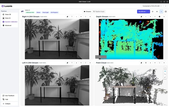 قویترین دوربین Edge AI جهان؟ آشنایی با چهار مدل جدید OAK 4 از سری S تا D Pro 4 خروجی تصویر دوربین OAK‑4‑D در نرمافزار Luxonis OAK Viewer