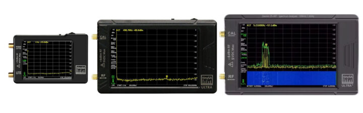 tinySA Basic (چپ)، tinySA Ultra (وسط) و tinySA Ultra+ (راست)