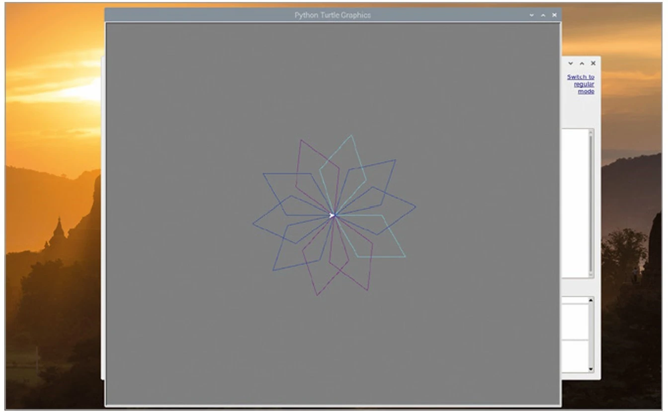 آموزش Turtle در پایتون: رسم دانه برف گرافیکی + مثال عملی 5 شکل 7-5: استفاده از رنگهای تصادفی برای رسم هر گلبرگ