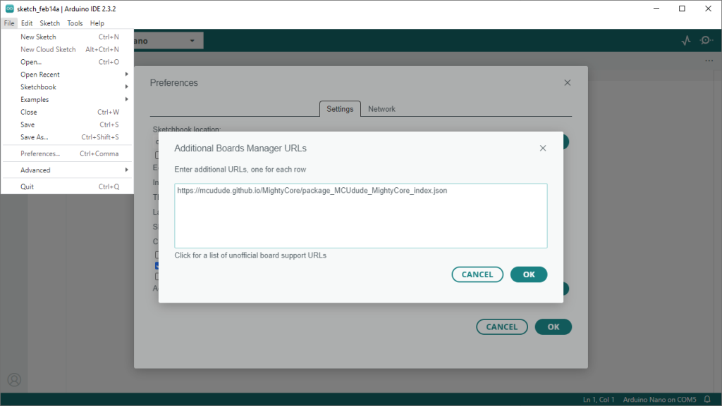 نمایی از پنجره Preferences و محل وارد کردن لینک‌ها