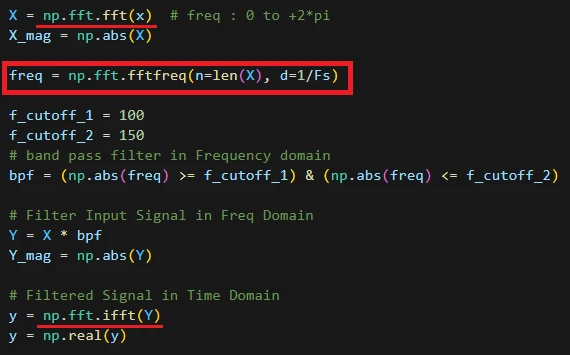 تعریف آرایه فرکانس با fftfreq