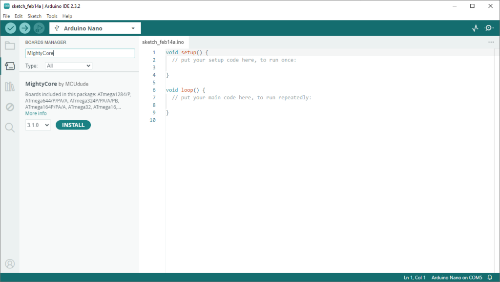 محیط Board Manager و نصب MightyCore
