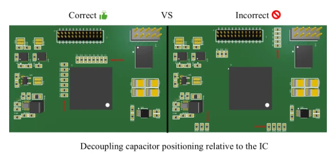 مقایسه جانمایی درست و غلط خازن Decoupling نسبت به IC