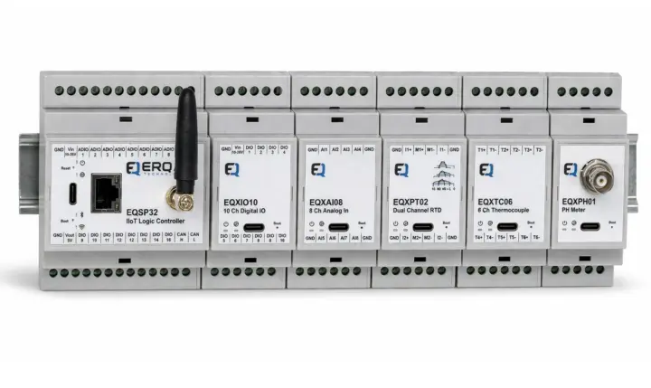کنترل‌کننده منطقی EQSP32 IIoT متصل به طیفی از ماژول‌های I/O شامل دیجیتال، آنالوگ، RTD، ترموکوپل و pH متر