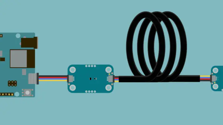 اتصال معمولی: Arduino -> کابل کوتاه -> Modulino Extender -> کابل بلند -> ماژول Modulino I2C