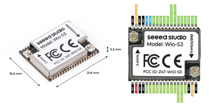 ماژول Wio-S3 معرفی شد | ESP32-S3 با LoRa، Wi-Fi و Bluetooth در یک برد 4 ابعاد و چیدمان پینهای ماژول Seeed Studio Wio-S3 IoT