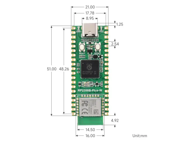 Waveshare RP2350B-Plus-W ابعاد