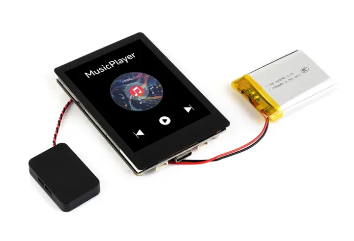 معرفی برد ESP32-C5-Touch-LCD-2.8 با نمایشگر لمسی و وایفای 6 دو بانده 2 پخشکننده موسیقی در دِوکیت ESP32-C5 متصل به باتری و بلندگو
