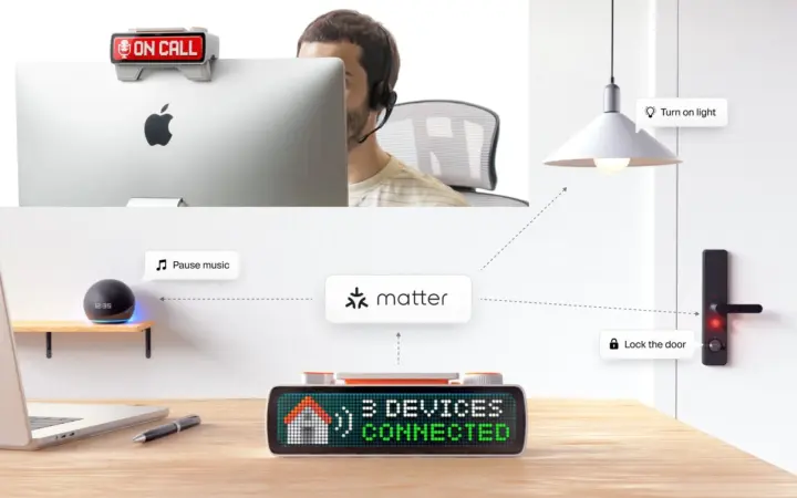 معرفی BUSY Bar؛ ابزار متنباز Flipper برای افزایش تمرکز با STM32 و Matter 5 پایه نمایشگر و قابلیتهای ON Call (بالا سمت چپ)، و یکپارچهسازی با Matter