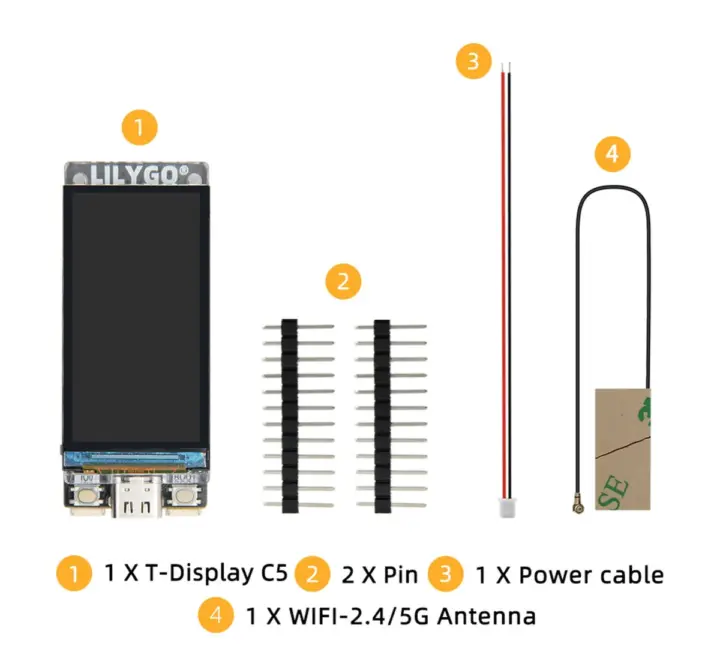T-Display C5 headers, power cable, Wi-Fi antenna
