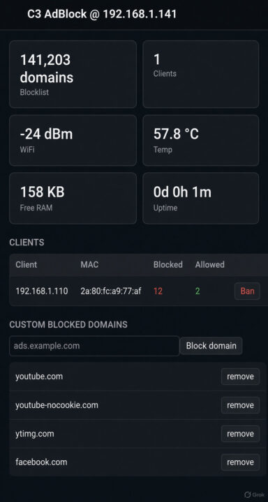 مسدودکننده تبلیغات DNS برای تراشه ESP32-C3؛ فیلترینگ هوشمند بدون نیاز به PSRAM 3 داشبورد وب ESP32 C3 AdBlock که آمارهای لیست مسدودسازی، کلاینتهای متصل، قدرت سیگنال وایفای، میزان مصرف حافظه و دامنههای مسدود شده سفارشی را نشان میدهد