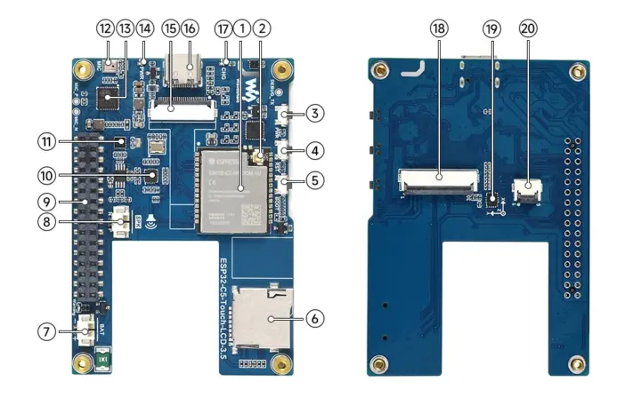 کیت توسعه جدید ESP32-C5 با نمایشگر لمسی ۳.۵ اینچی و پشتیبانی از دوربین و باتری معرفی شد 3 اجزای مهم برد؛ 10: کدک ES8311، 11: تراشه RTC مدل PCF85063، 13: واحد مدیریت توان AXP2101، 15: کانکتور دوربین و 19: واحد IMU مدل QMI8658