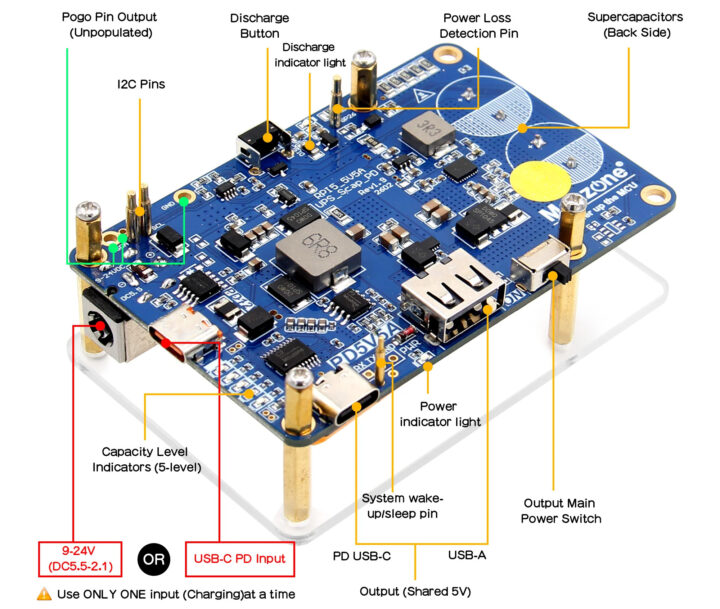 نمای کلی سخت‌افزار HAT یو‌پی‌اس سوپرخازنی Geekworm Raspberry Pi 5